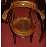 A circa 1900 bentwood tub elbow chair, in the manner of Thonet, having Fischel labels verso, w.65cm