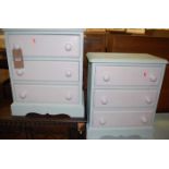 A pair of contemporary lime green and white painted pine three drawer bedside chests, each w.52.5cm