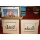 Pair of reproduction hot air balloon prints, together with topographical prints, etc