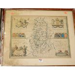 An 18th century engraved county map of Nottinghamshire, hand-coloured and with coats of arms, 39 x