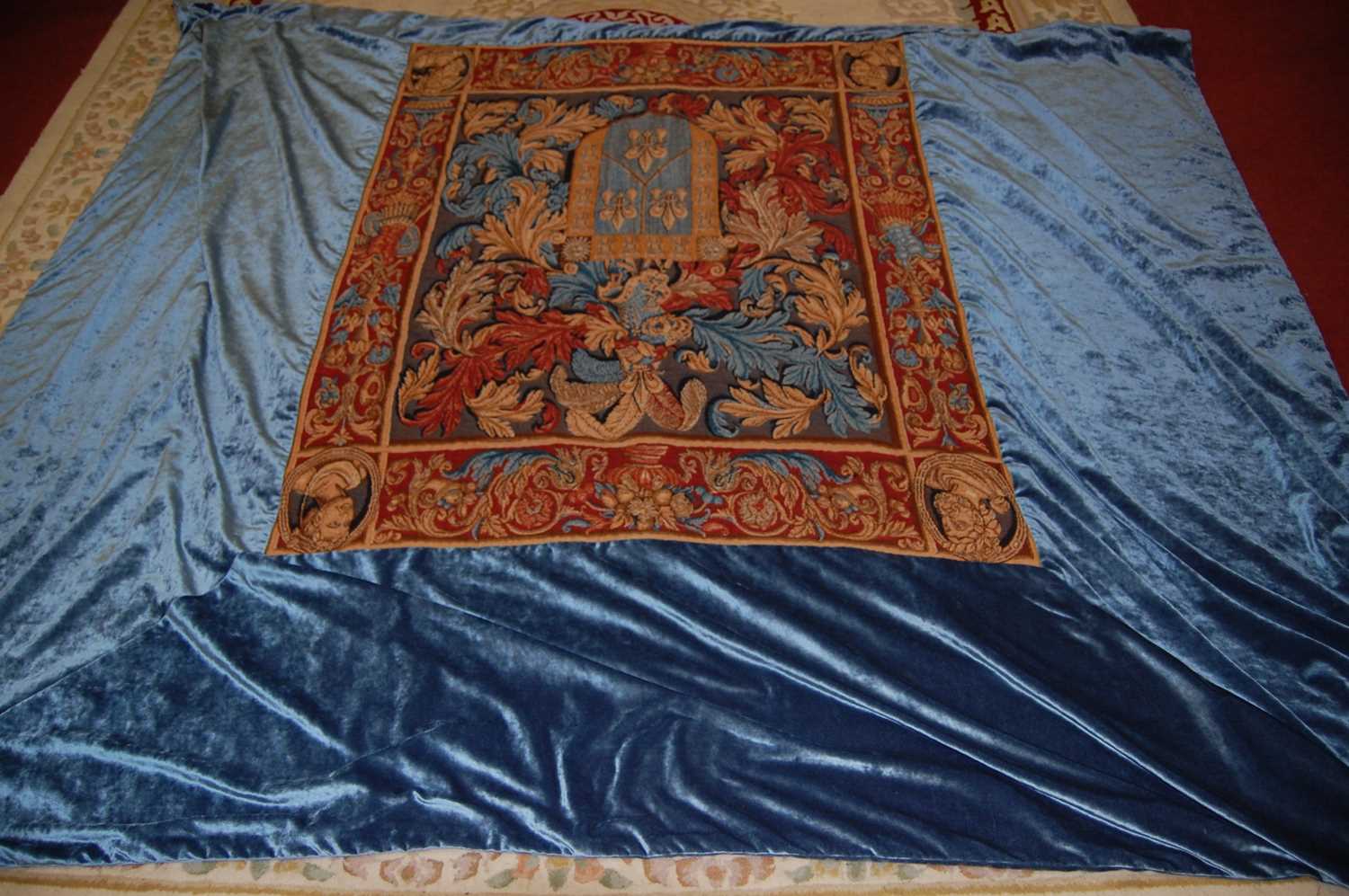 A large Continental embroidered tapestry wall hanging, with velour deep bordered surround, approx. - Image 2 of 4