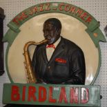 A painted and relief carved advertising sign for The Jazz_Corner Birdland, 71 x 73cm