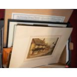 A box of pictures and prints to include sporting engraving, advertising prints, reproduction