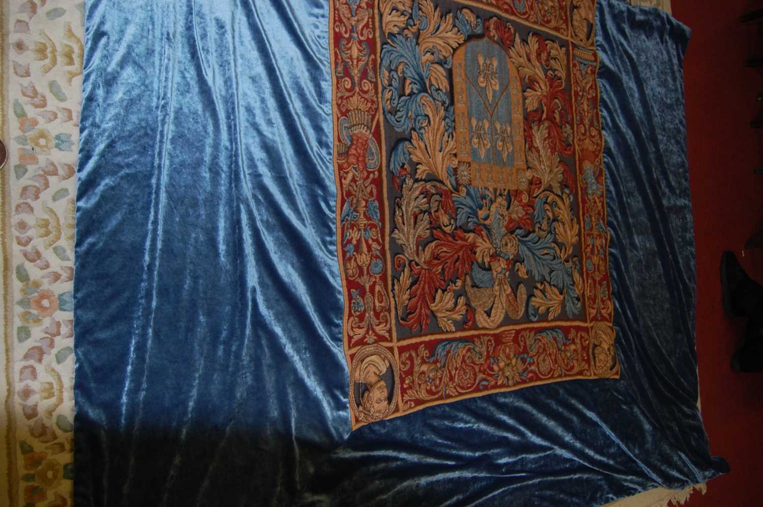 A large Continental embroidered tapestry wall hanging, with velour deep bordered surround, approx. - Image 3 of 4