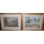 Assorted pictures and prints to include amateur watercolours, topographical engravings, marquetry