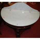 A Victorian mahogany and white variegated marble topped ledgeback demi-lune wash-stand, w.91cm