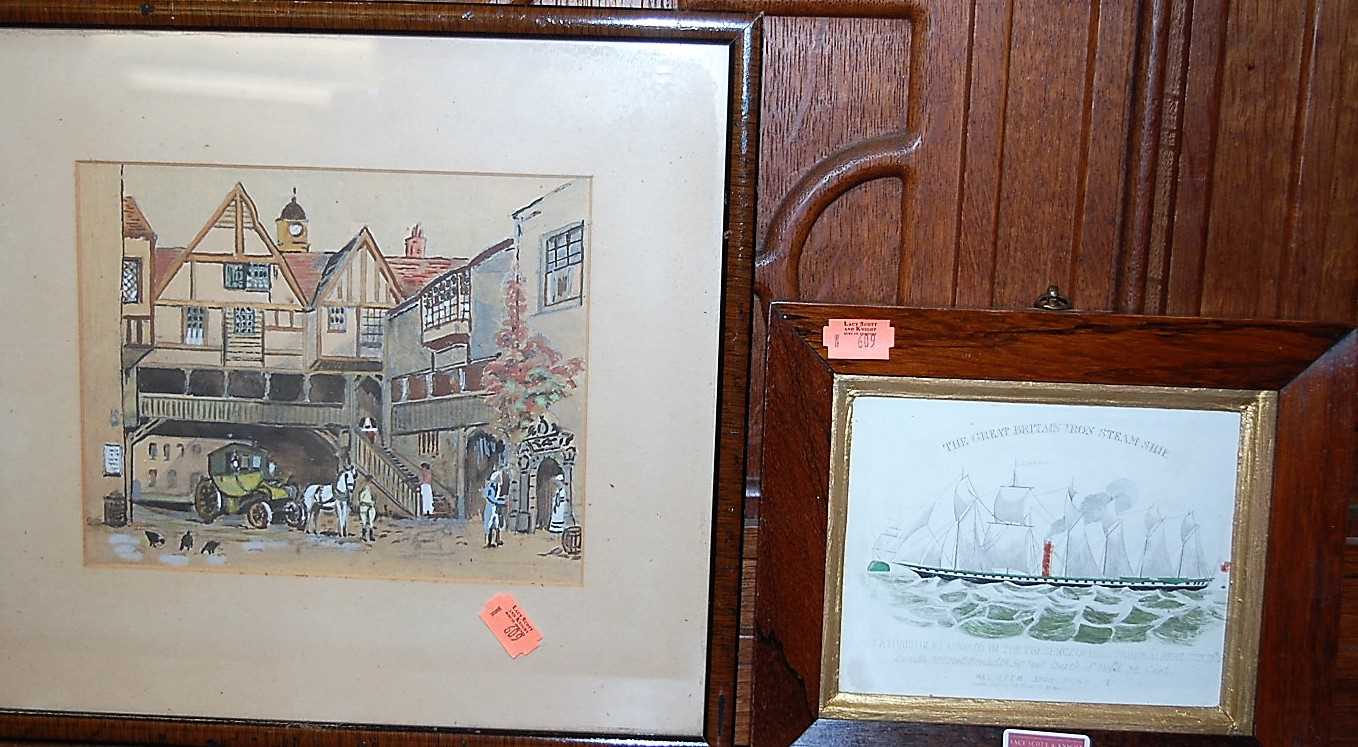 English school - courtyard scene, watercolour, 15x18cm, and The Great Britain Iron steamship, colour