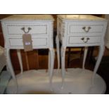 A pair of contemporary French white wood two drawer bedside tables, raised on cabriole supports, w.