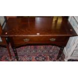 A late Victorian mahogany single drawer side table, raised on ring turned supports, w.106.5cm