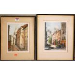 Four various French colour mezzotints being street scenes, each pencil signed and titled to the