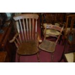 An early 20th century elm seat and beech slat back farmhouse open armchair, width 63cm, together