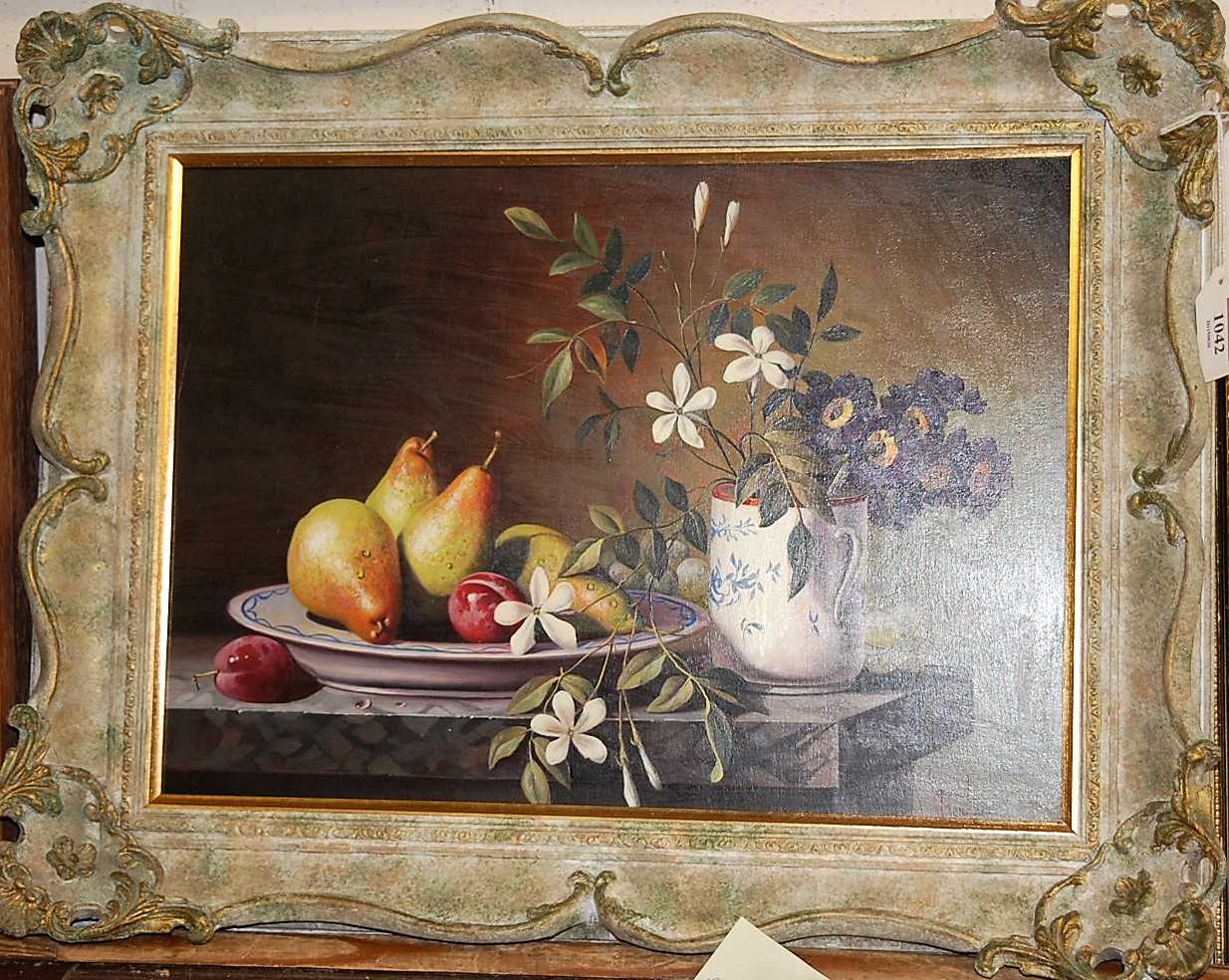 Paul Morgan (b.1940) - still life with fruit in a shallow bowl, oil on panel, signed lower right,