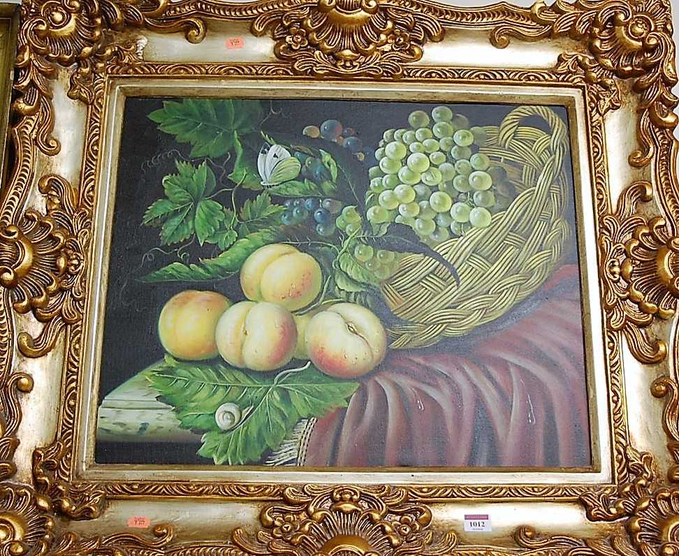 Still life with peaches and grapes, reproduction oil on canvas, 49 x 59cm