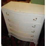 A contemporary French white wood serpentine front chest of five long drawers, on acanthus leaf squat