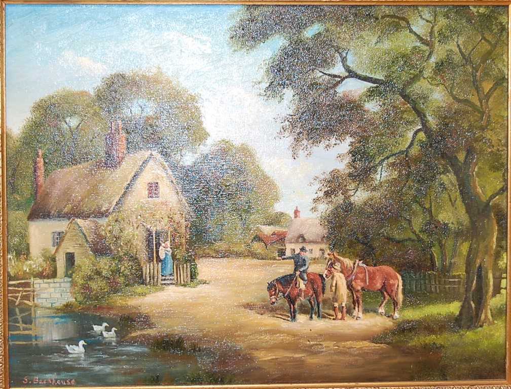 S Backhouse - figures and horses by a duckpond, oil on artist board, signed lower left, 34x45cm