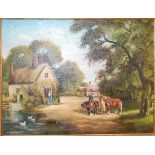 S Backhouse - figures and horses by a duckpond, oil on artist board, signed lower left, 34x45cm