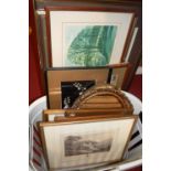 Assorted pictures, prints, gilt framed wall mirror, laundry basket, etc