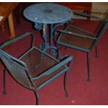 A painted, cast and pierced galvanised metal circular pedestal garden table, together with a pair of