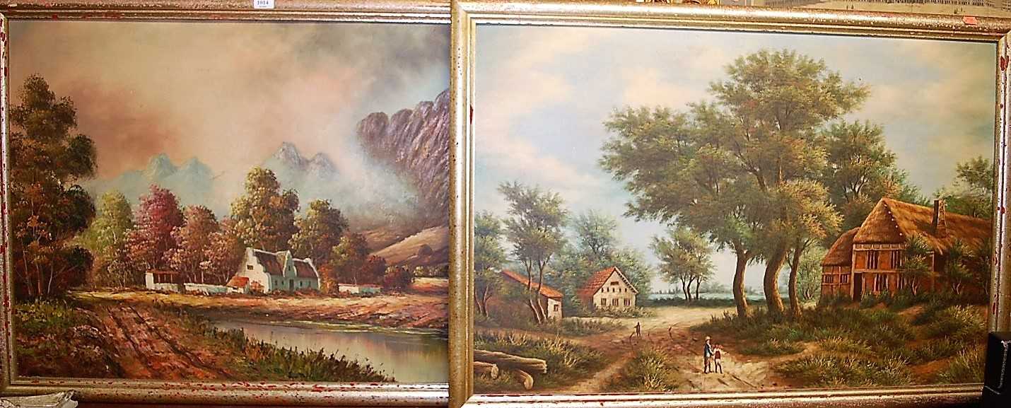 Mid-20th century school - Pair: landscape scenes, oil on mill board, 60 x 90cm