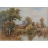 Wiggs Kinnaird - St Albans cathedral from the river Ver, watercolour, titled lower left St Albans