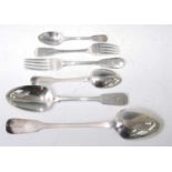 A silver harlequin cutlery suite, in the Fiddle pattern, principally circa 1820, comprising six