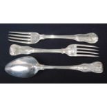 A George III and later silver harlequin part cutlery suite, in the Kings pattern, comprising six
