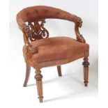 A Victorian carved oak tub chair, the U-shaped top rail and stuffover seat re-upholstered in brown