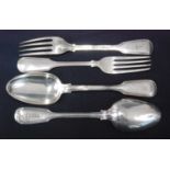 A close-matched set of eight silver tablespoons and five table forks, each in the Fiddle & Thread