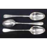 A set of six George III silver dessert spoons, in the Old English pattern, maker John Lambe,