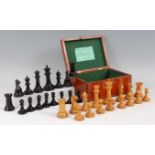 A Jaques & Son of London Staunton pattern full chess set, the weighted pieces in boxwood and