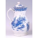 A Lowestoft porcelain milk jug and cover, blue and white printed with a pagoda river landscape