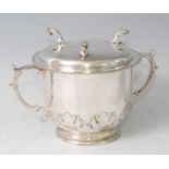 A George V silver porringer and cover, in the late 17th century style, with card-cut decoration