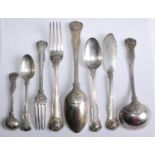 An early Victorian silver twelve place setting cutlery suite, in a type of Kings pattern, comprising