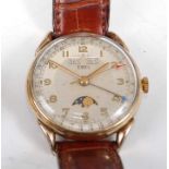 A gent's Ebel gold plated triple calendar moonphase wristwatch, circa 1950, having signed silvered