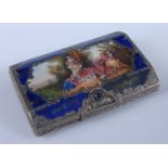 A continental silver and enamelled box, early 20th century, the hinged cover decorated a scene of