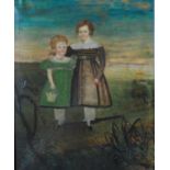 Mid-19th century American school - Naive study of two children standing in a landscape, one with a