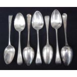 A collection of seven various principally George III silver tablespoons, in the Old English pattern,