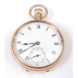 A Gents 9ct yellow gold open face pocket watch, having white enamel Roman dial with blued steel