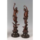 Paul Aichele (1859-1910) - Industry and Wisdom, pair of bronze allegorical maidens, Industry