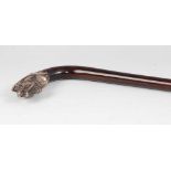 A late 19th century coromandel walking cane, the handle fashioned from white metal as a stag's head,