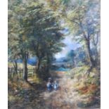 Joseph Thors (1843-1907) - Returning home, mother and daughter on a riverside wooded path, oil on