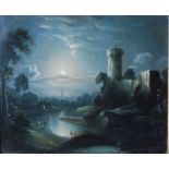 Follower of Sebastian Pether (1790-1844) - A moonlit river landscape with figures by a castle and