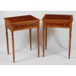 A pair of figured walnut and crossbanded lamp tables, each having a single frieze drawer and