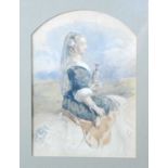 *19th century school - Study of a young woman riding side-saddle upon a grey horse and with hawk