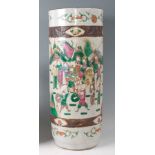 *A Chinese stoneware crackle glaze cylindrical floor vase, enamel decorated in the famille verte