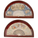 A 19th century French paper and bone fan, painted with three reserves of neo-classical figure