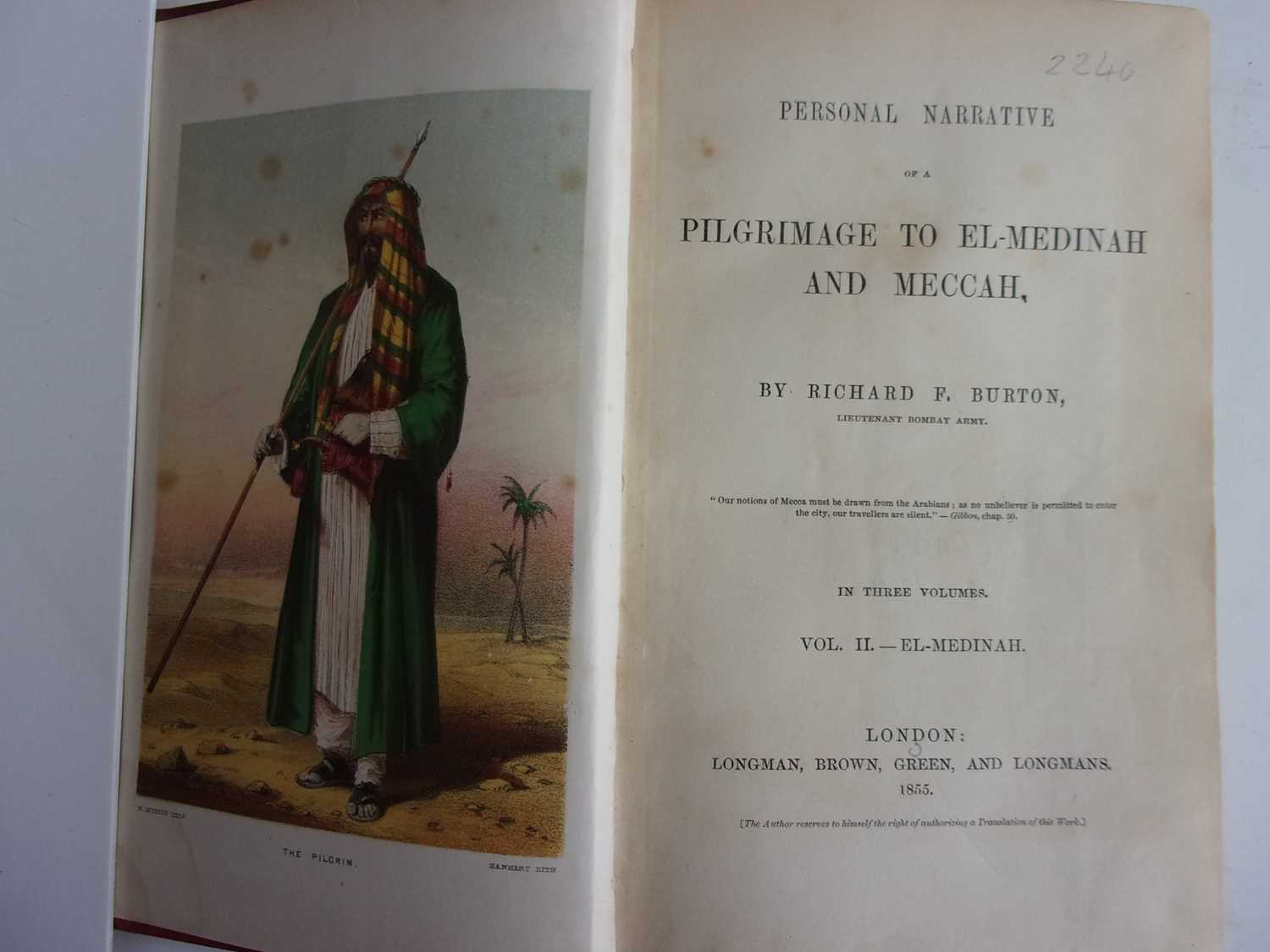 BURTON, Richard, F. Personal Narrative of a Pilgrimage to El-Medinah and Meccah. Longman, Brown, - Image 5 of 12