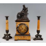 A 19th century French bronze and marble three-piece clock garniture, the clock adorned with a seated