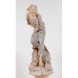 A circa 1900 Italian carved alabaster figure of a robed maiden upon the rocks, unsigned, h.