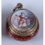 A continental silver gilt and enamel vinaigrette, the hinged cover decorated with a long figure,